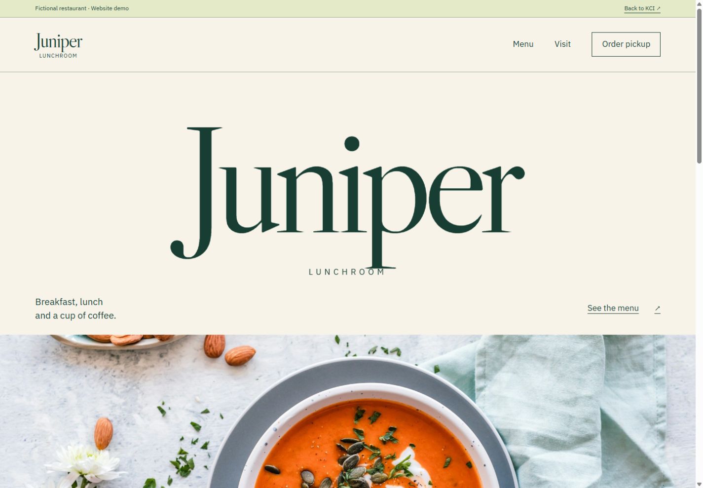 Juniper Lunchroom fictional café website, with a green wordmark, food photography and menu navigation